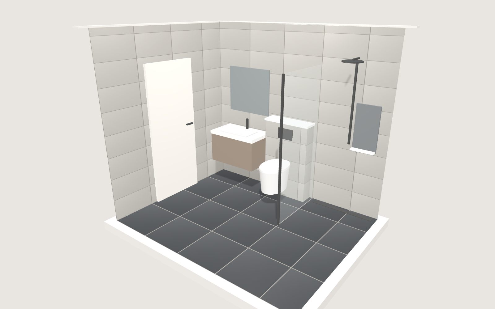 Vorschau des 3D-Badplaners: Bad mit bodengleicher Dusche, Großformatfliesen und Vorwand